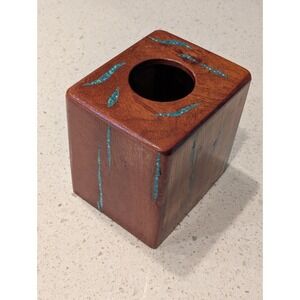 Solid Wood Grain Brown And Blue Teal Resin Accents Lacquer Tall Tissue Box Cover